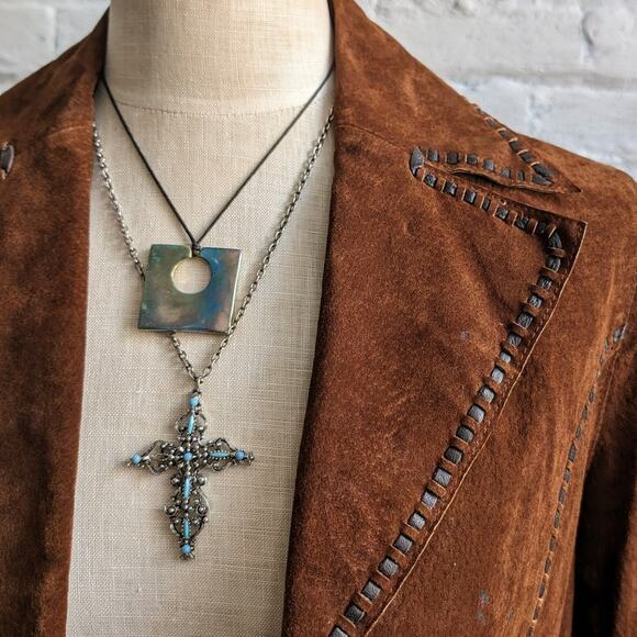 Y2K Brown Suede Leather Jacket Boho Western Minimalist Rust Biker Cowgirl Blazer - Picture 2 of 10